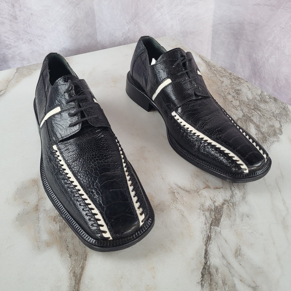 David Eden Genuine Ostrich Leg Derby Dress Shoes Men's Size 9 Black/White Tuxedo